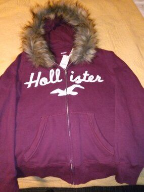 Hollister Womens Maroon Zip-Up Hooded Jacket with Faux Fur Trim